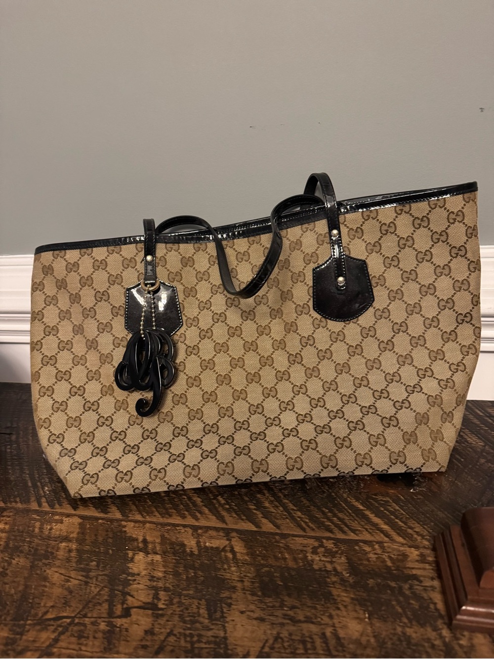 Gucci Brown GG Supreme Canvas Tote with Black Leather Trim